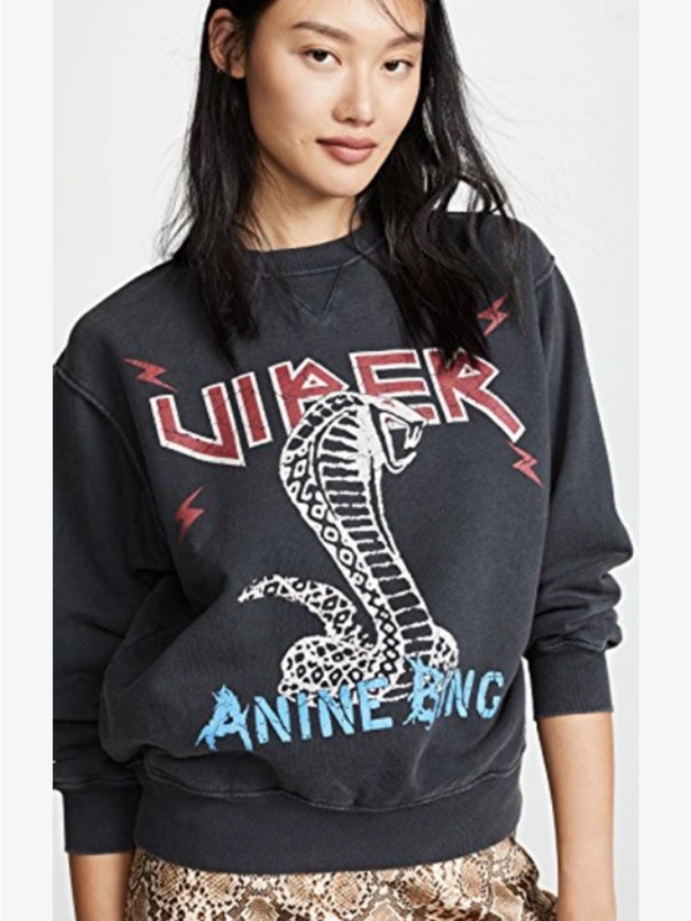 Anine Bing Black Crewneck 'Viper' Graphic Sweatshirt with Red & Blue Accents